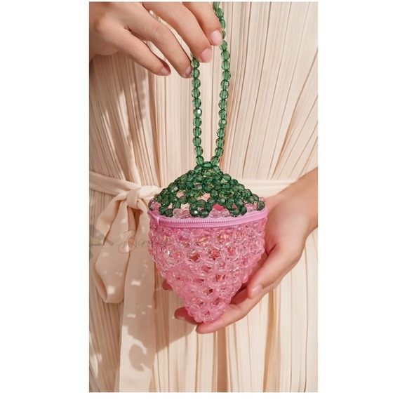 Bird in Bag Handbags - Handmade Beaded Strawberry Mini Bag Pink Green Fruit Wristlet Pouch New